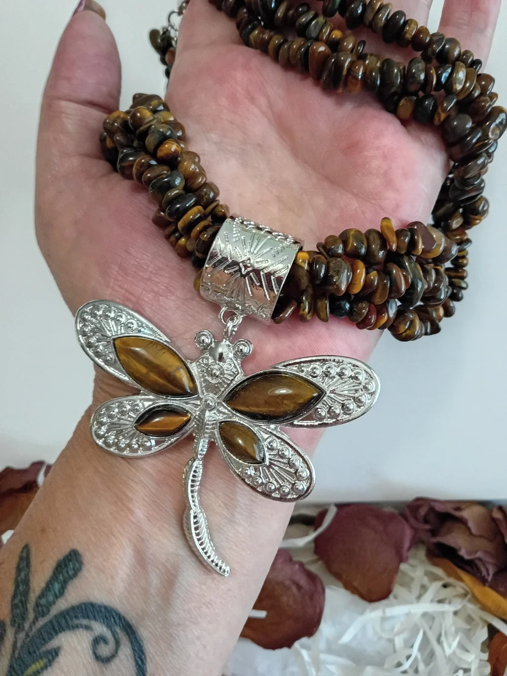 JTV Brown Tiger Eye Multi-Strand Necklace with Silver Dragonfly Pendant